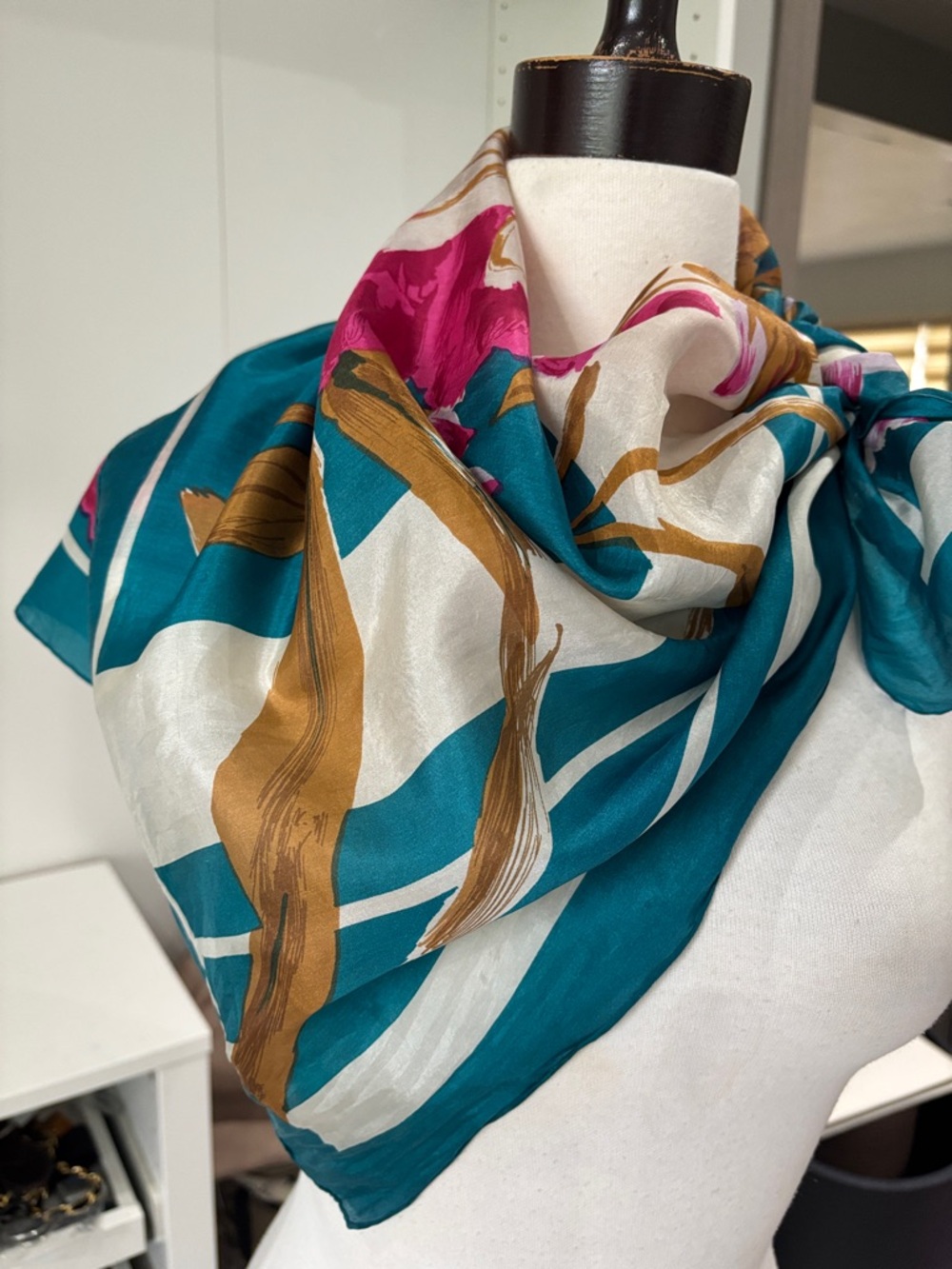 Silk Floral Teal & Pink Neck Scarf - Picture 5 of 10